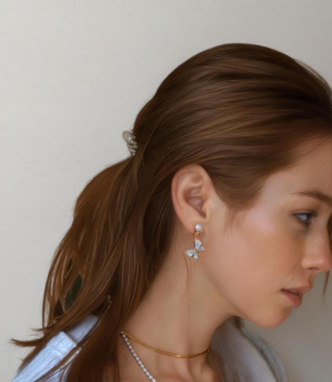 Gold Butterfly Drop Earrings, Freshwater Pearl Studs, CZ Stone