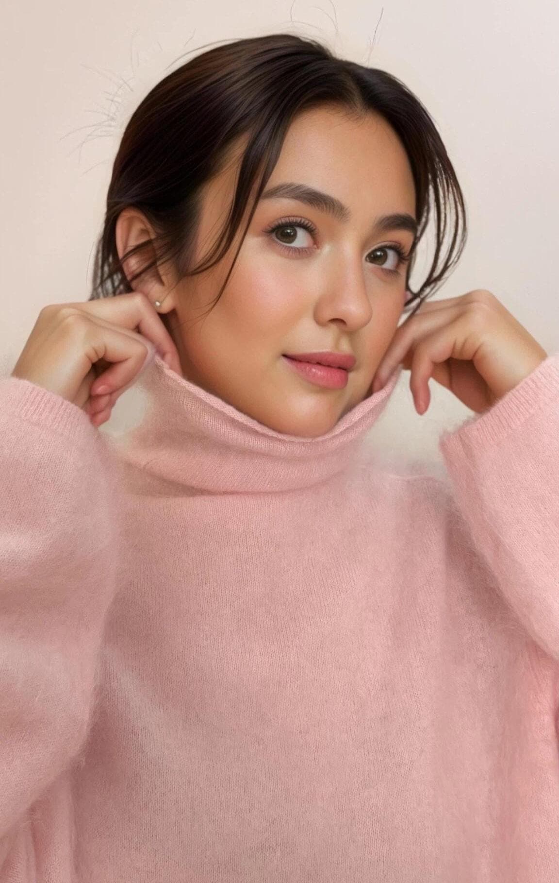 100% Brushed Cashmere Turtle Crewneck Sweater Pink