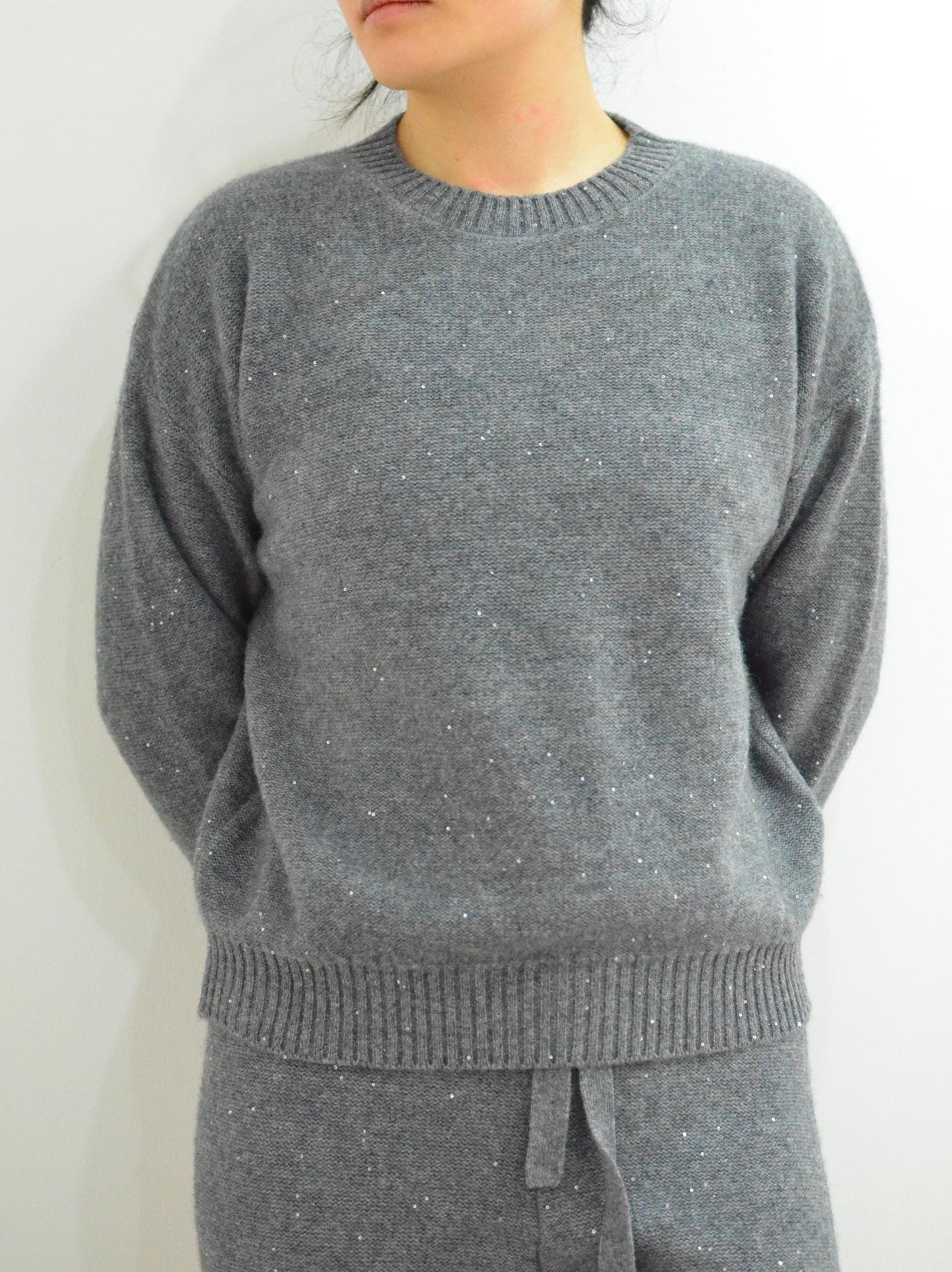 Cashmere Wool Blend Sweater Set: Sparkling Beads, Adjustable Trousers