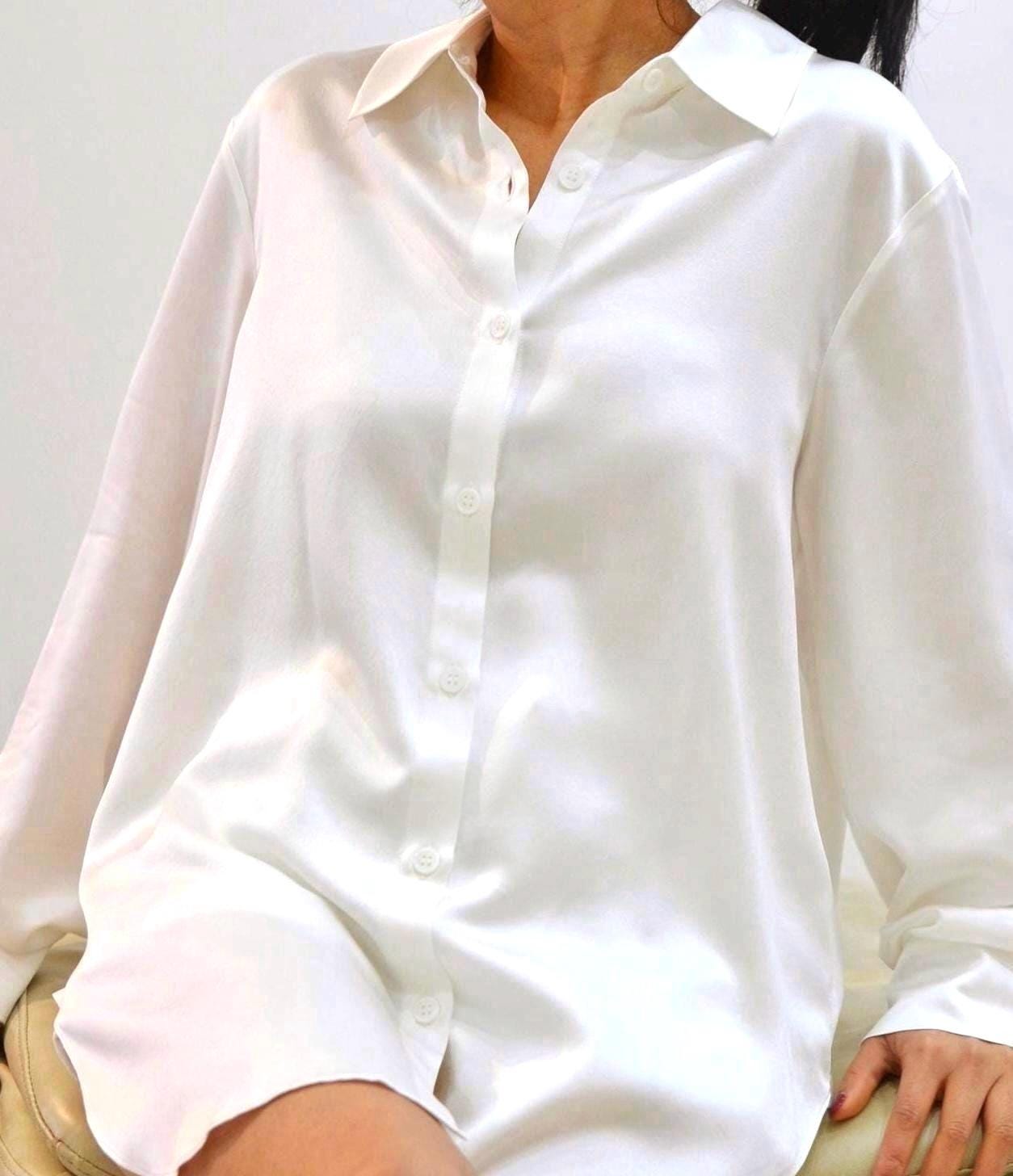 White Mulberry over size  Silk Shirt: 22 Momme Long Sleeve Blouse