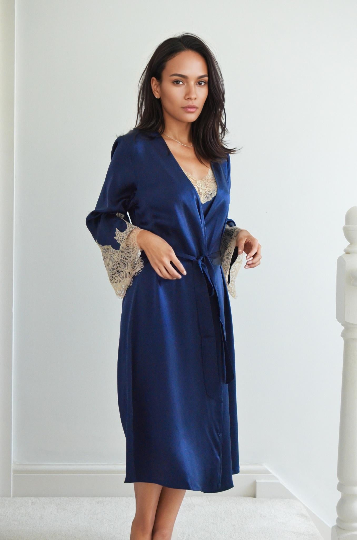 2Pcs Set – Lace Silk Cami Dress & Robe | 6A Grade Mulberry Silk, Royal blue robe with champgnane Sleeves, Lace trim V neck cami dress