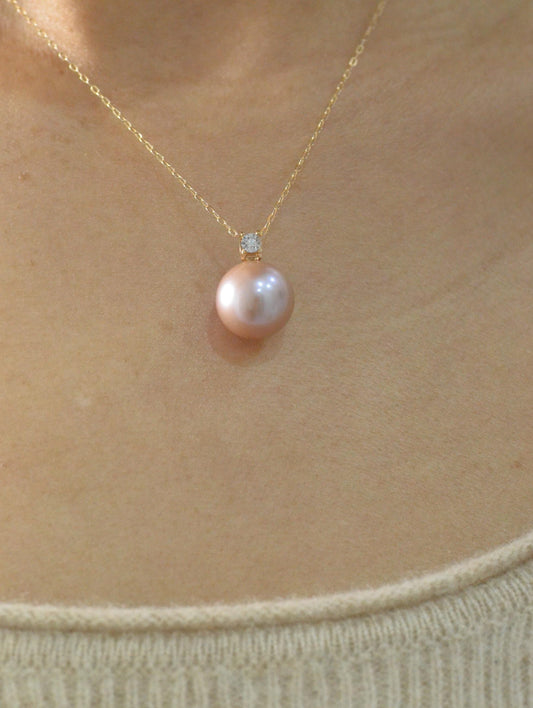18K Gold Champagne Pink Pearl Pendant with Diamond Accent