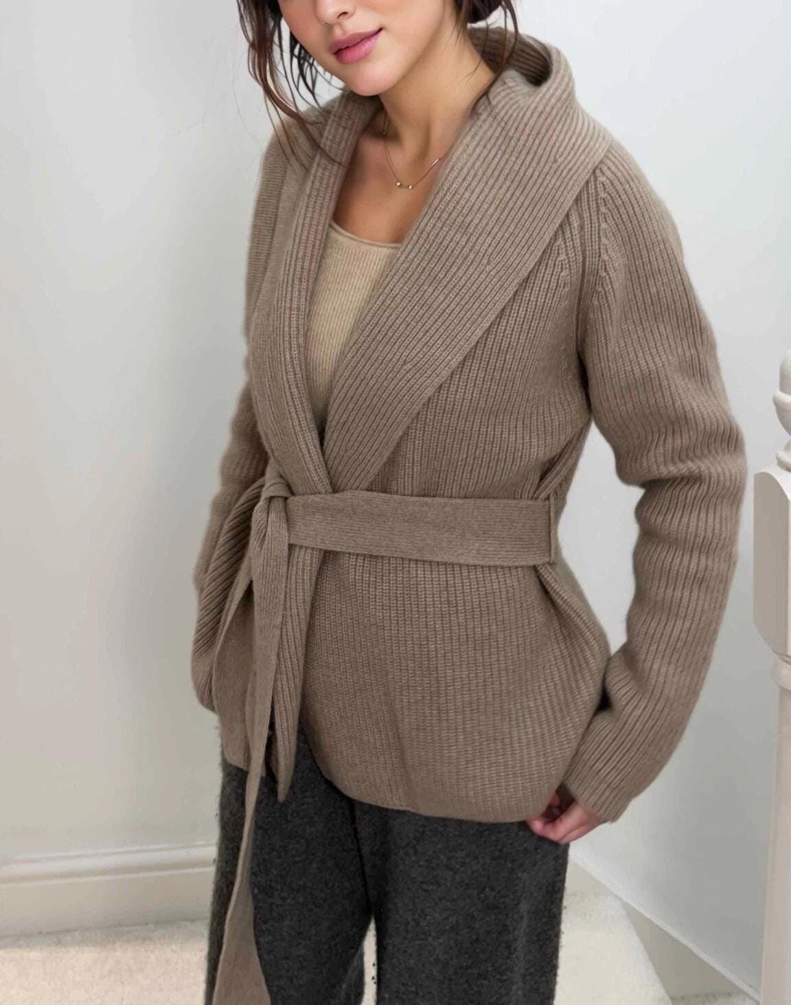 Cashmere-Wool Blend Loungewear Cardigan with Belt  Ivory