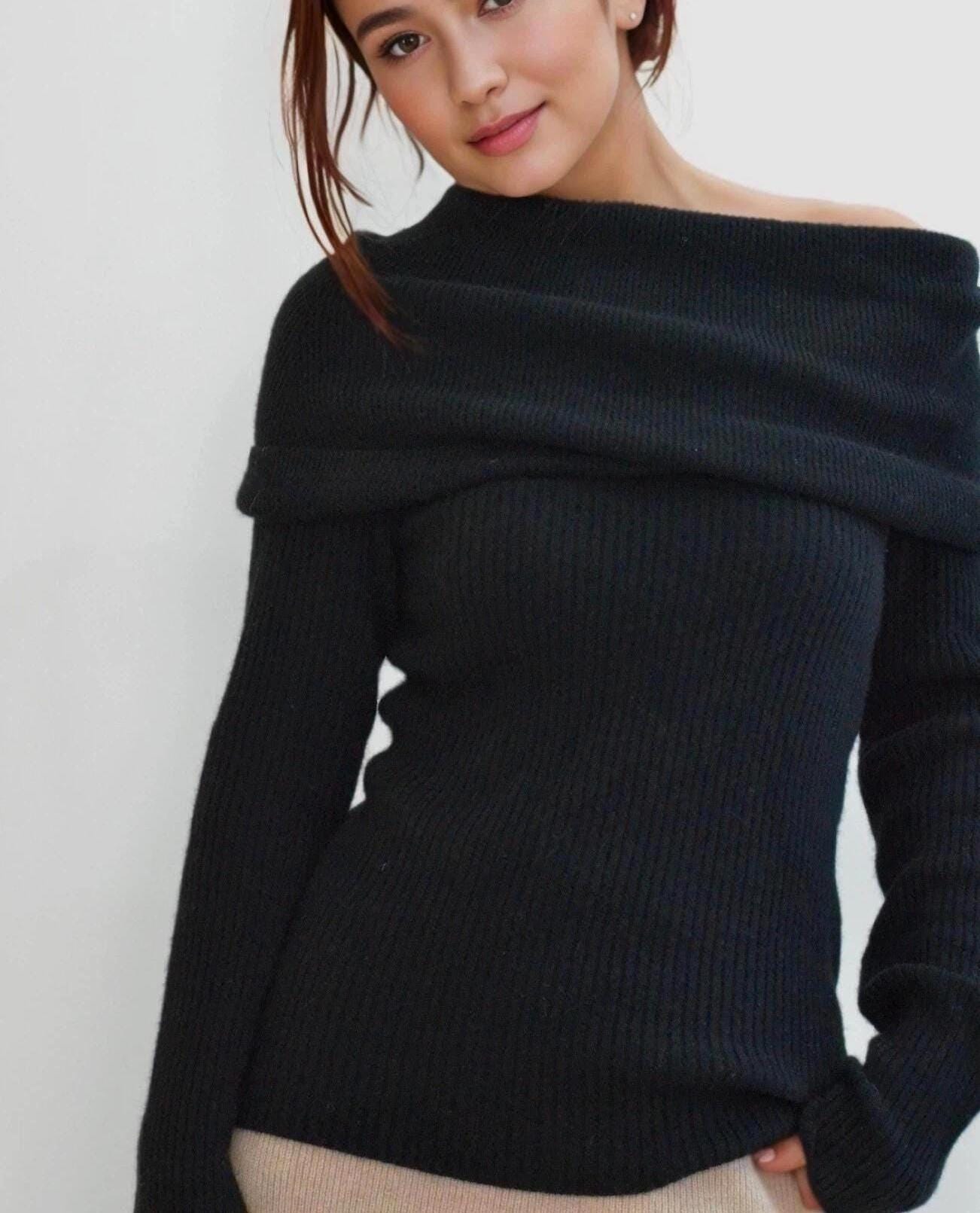 Luxurious Off-the-Shoulder Cashmere and Wool Blend Sweater with A emovable shoulder tie  two styling options