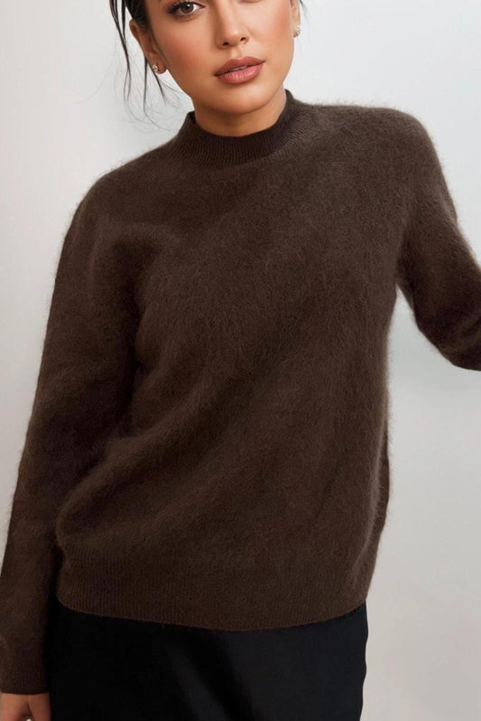 Brushed Cashmere Wool Crew neck sweater Dark Brown