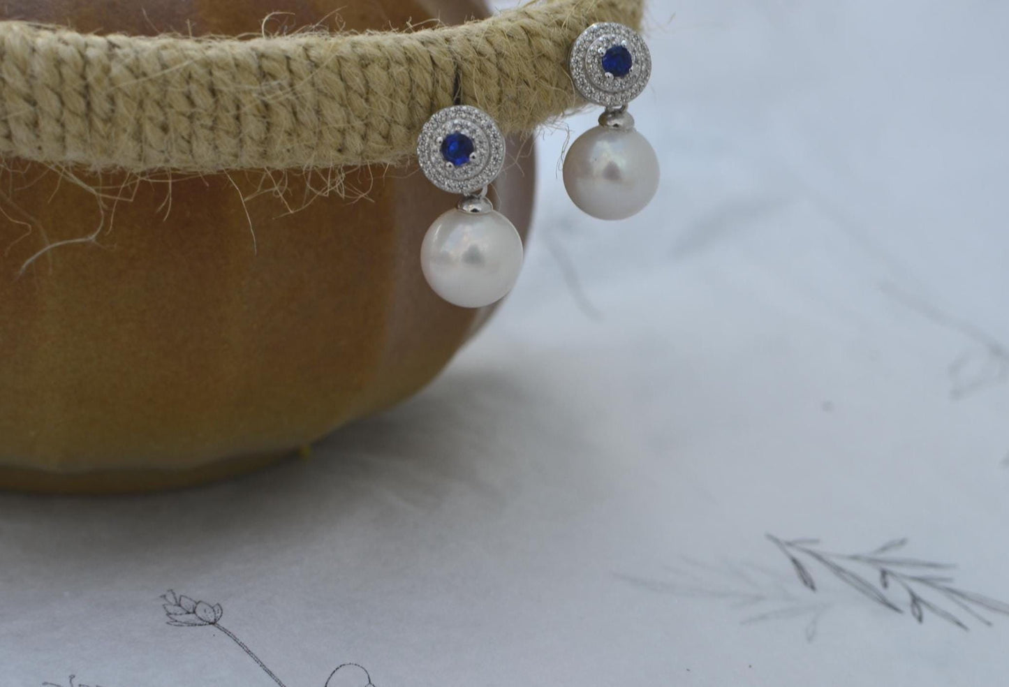 Freshwater Pearl Drop Earrings, CZ Halo, Sapphire Center, Sterling Silver