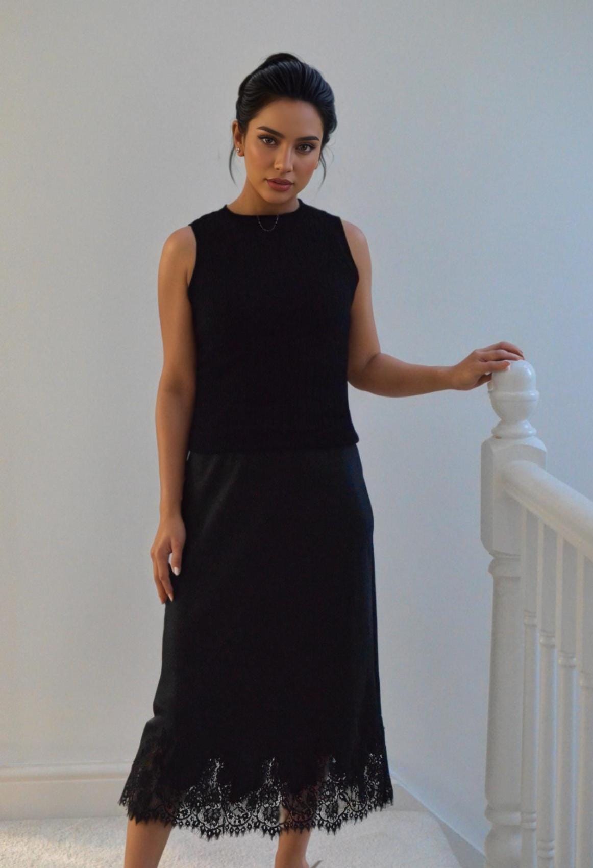 Black Silk Midi Skirt with Lace Hem