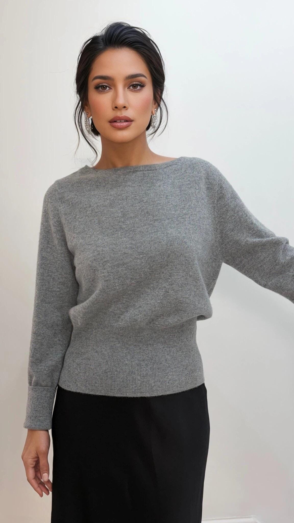 Cashmere Wool Blend Sweater – Off-the-Shoulder, Cinched Waist
