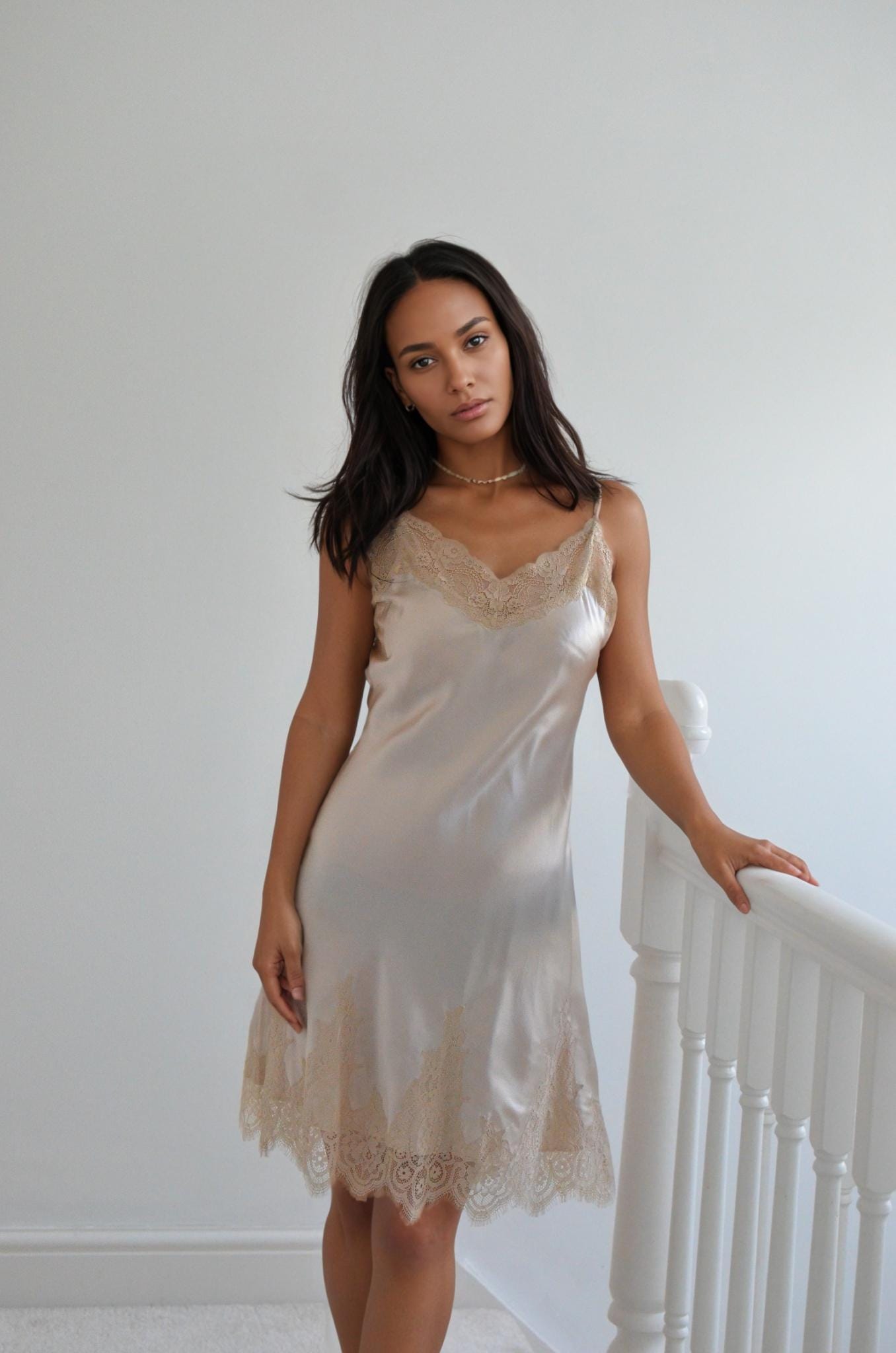 Champagne Silk Camisole with Nude Lace Trim 16Momme Mulberry Silk, V neck  cami dress , White black silk cami with  lace trim skirt