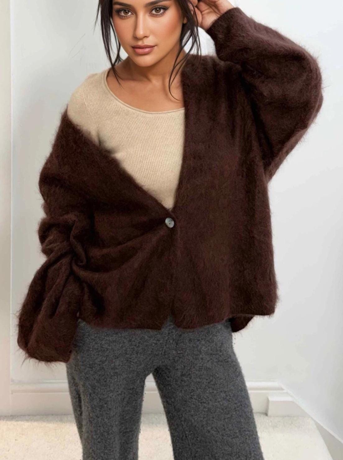 Luxury Brushed Cashmere Cardigan with Single Button extra warm and cozy