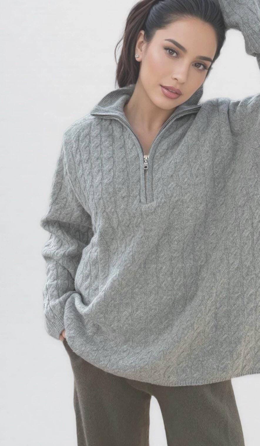 Cable-Knit Half-Zip Cashmere Wool Sweater Timeless Elegance and Cozy Comfort loose fit