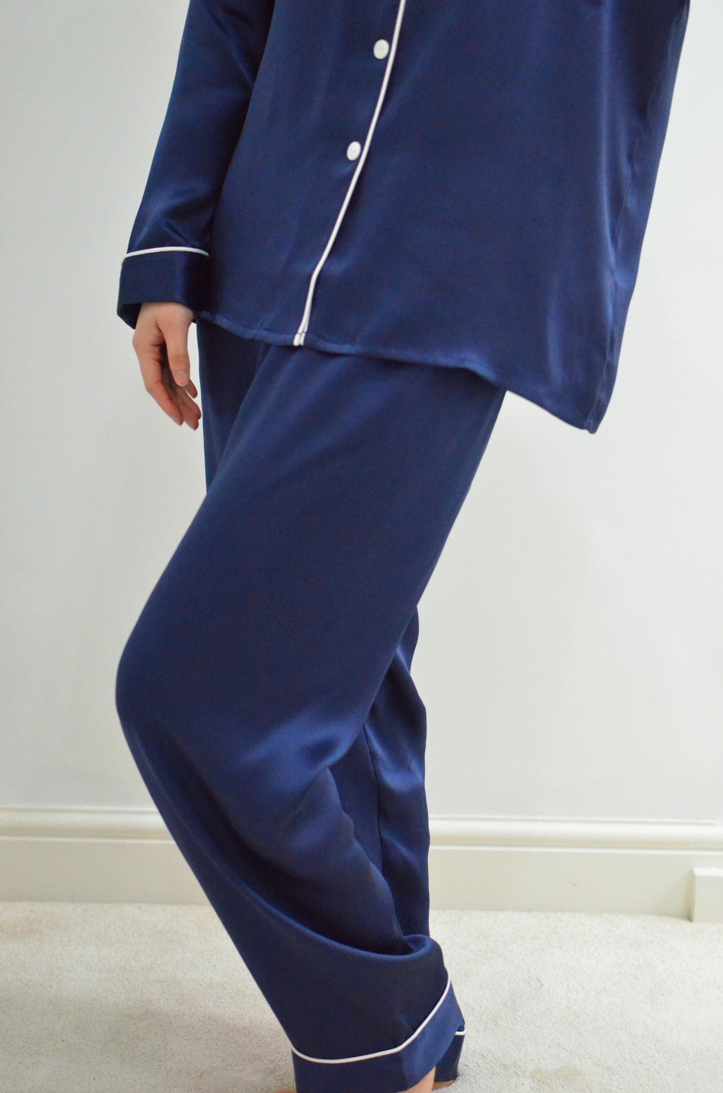 6A Grade Mulberry Silk Pajama Set:  Long Sleeve Piped Loungewear 19momme silk