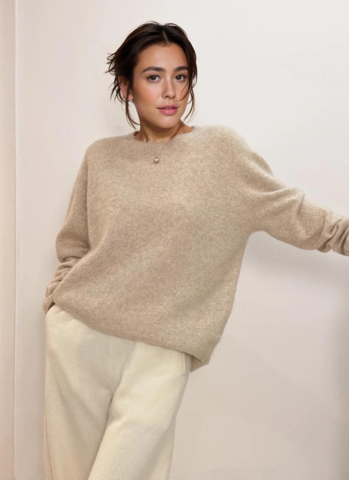 Brushed Cashmere & Wool Blend Fuzzy Sweater – light Chocolate Brown