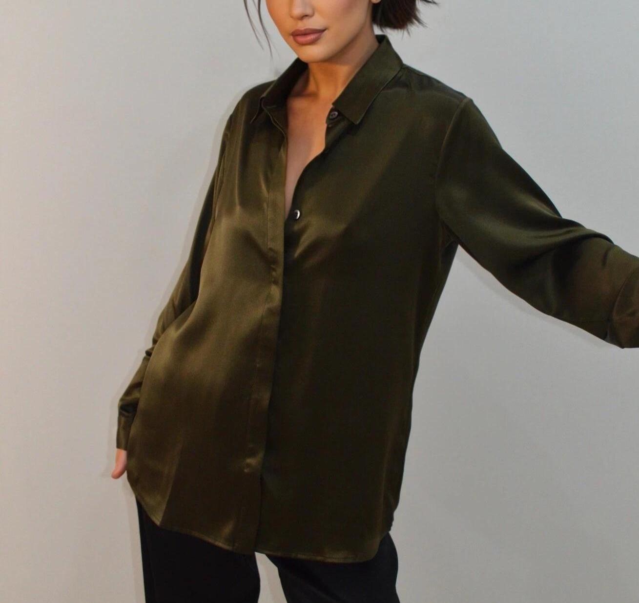 Oilve green Mulberry Silk Blouse: Long Sleeve Button-Up Shirt  22momme silk