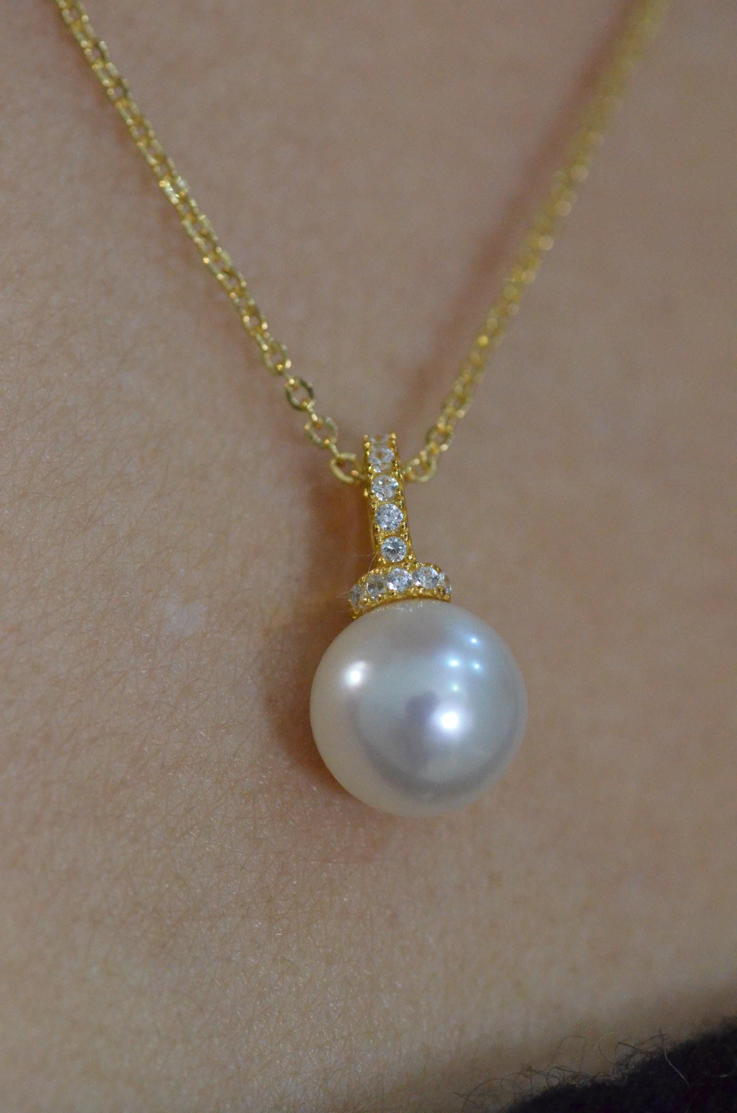 18K Gold Pearl Pendant: CZ Accent, Cultured Pearl Drop