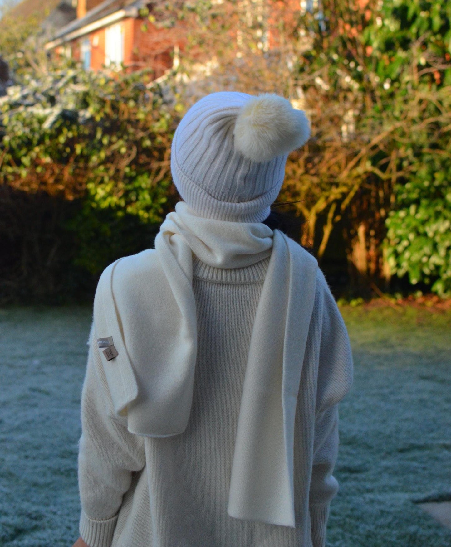 100% Cashmere Beanies with Faux Fur Pom-Poms