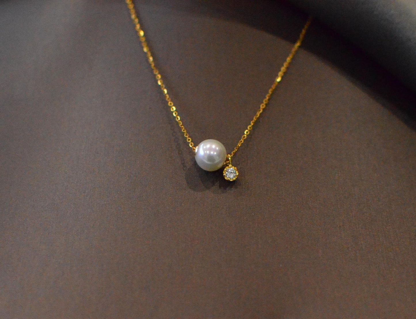 Freshwater Pearl Necklace with Tiny  CZ or diamond  Charm