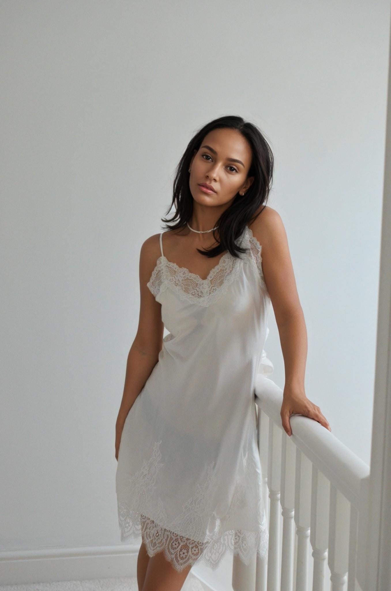 Champagne Silk Camisole with Nude Lace Trim 16Momme Mulberry Silk, V neck  cami dress , White black silk cami with  lace trim skirt