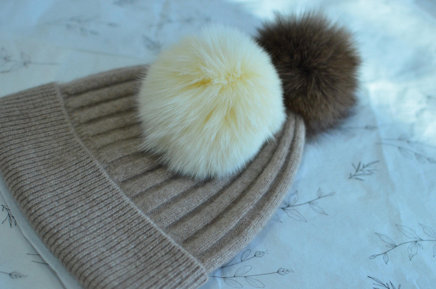 100% Cashmere Beanies with Faux Fur Pom-Poms