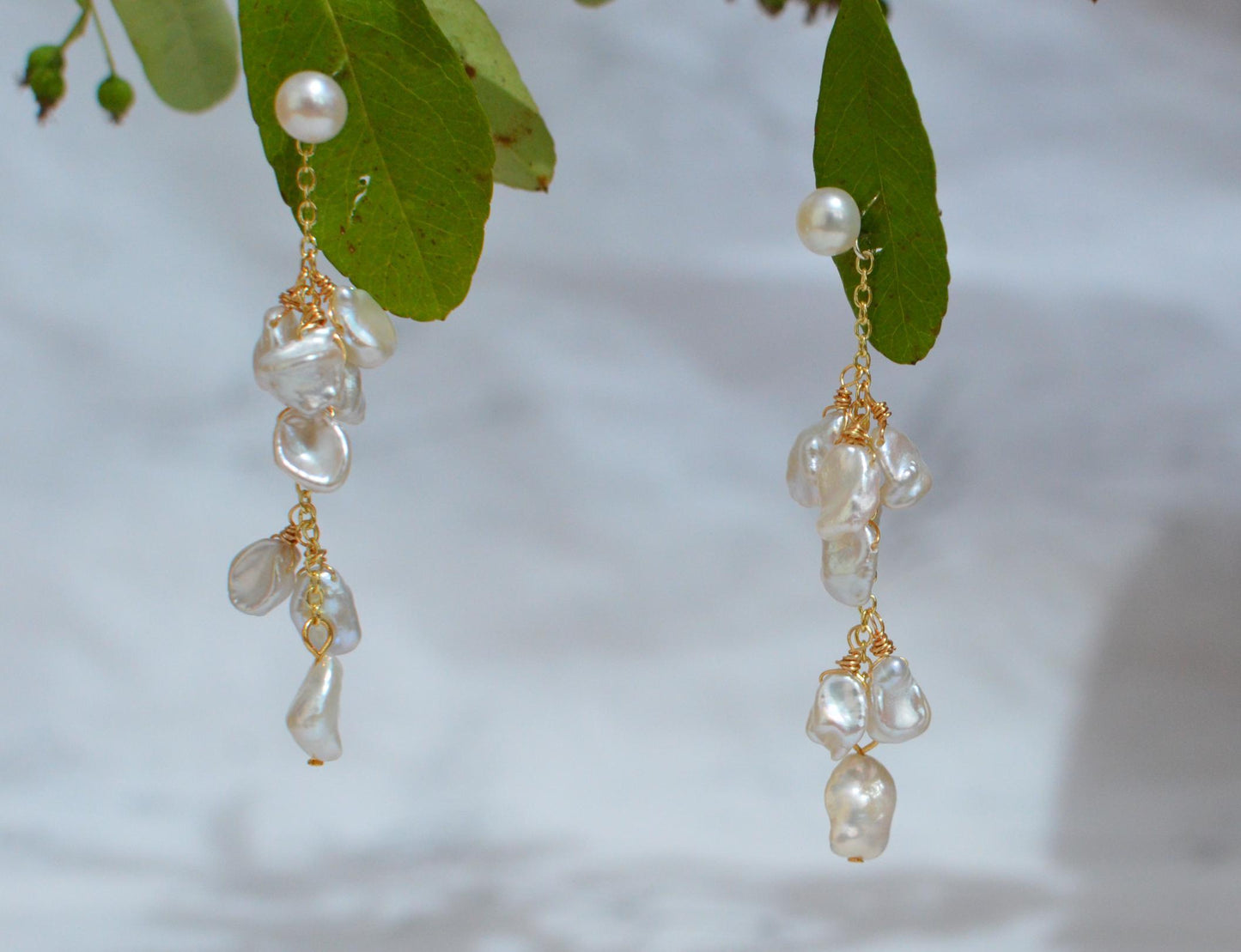 Baroque Pearl Drop Earrings with Gold Chain & Pearl Stud