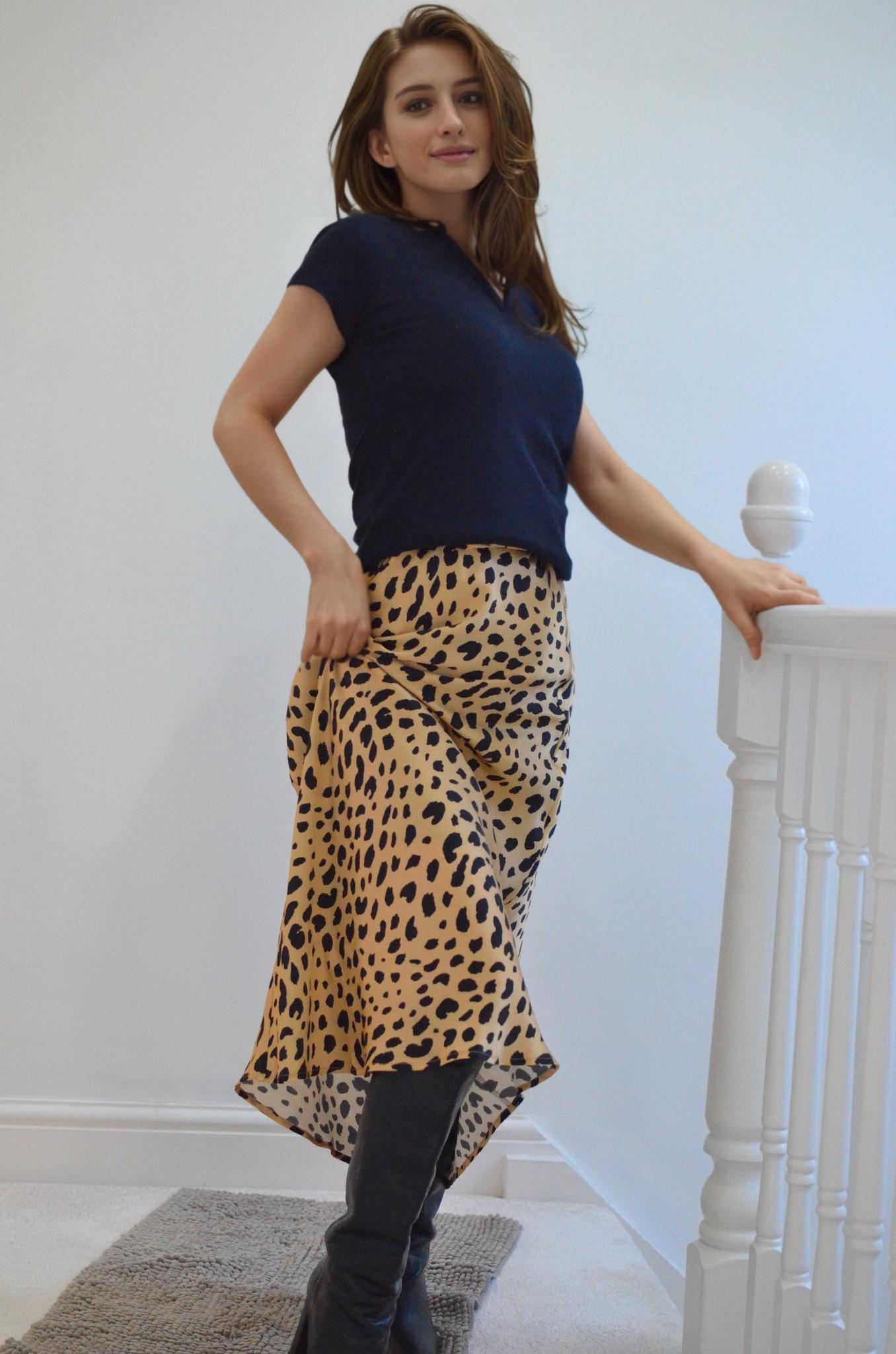 Wild Elegance:Golden beige base with bold black spots Slip Skirt  mulberry silk skirt