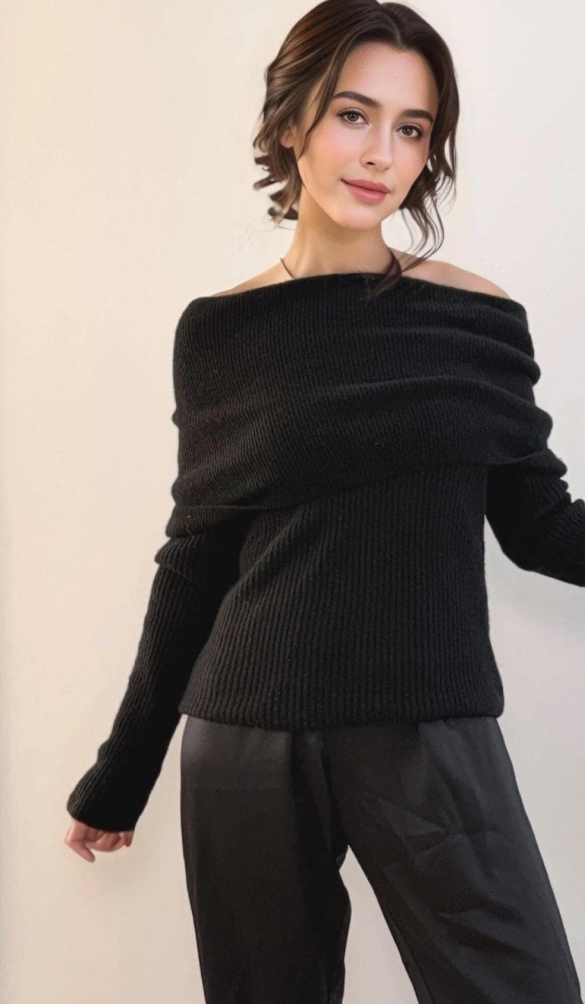 Luxurious Off-the-Shoulder Cashmere and Wool Blend Sweater with A emovable shoulder tie  two styling options