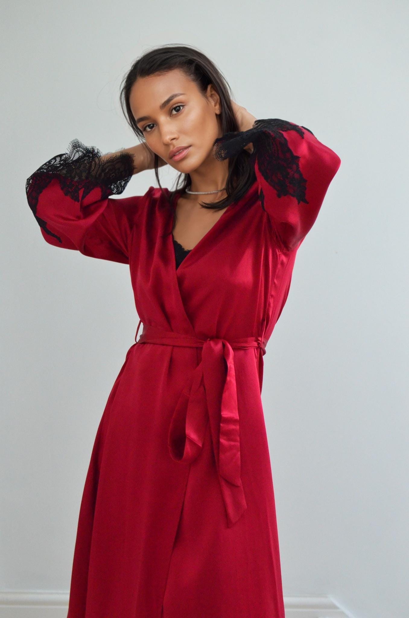 2Pcs Set – Lace Silk Cami Dress & Robe | 6A Grade Mulberry Silk, Rosered with Black Lace Sleeves