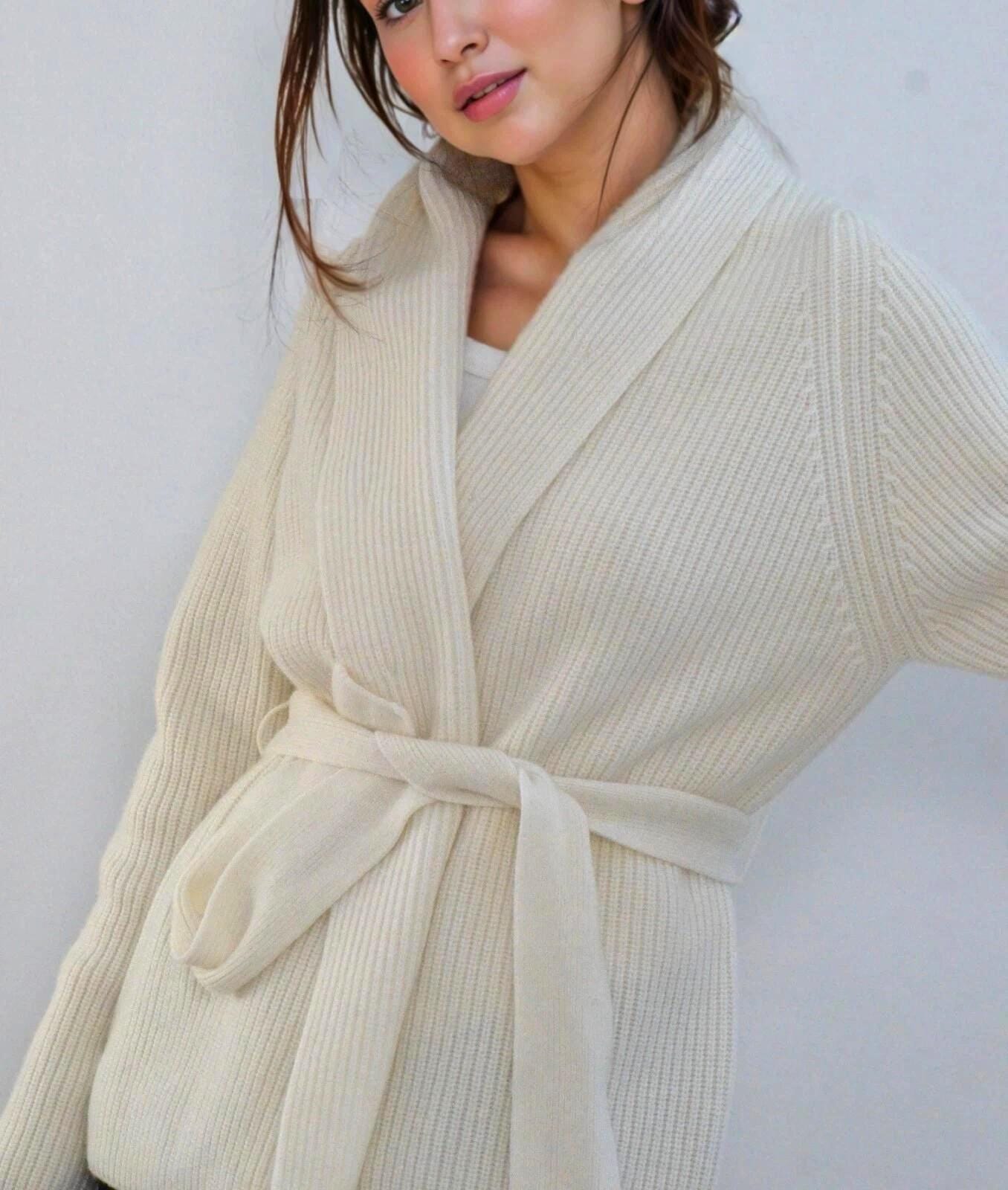 Cashmere-Wool Blend Loungewear Cardigan with Belt  Ivory