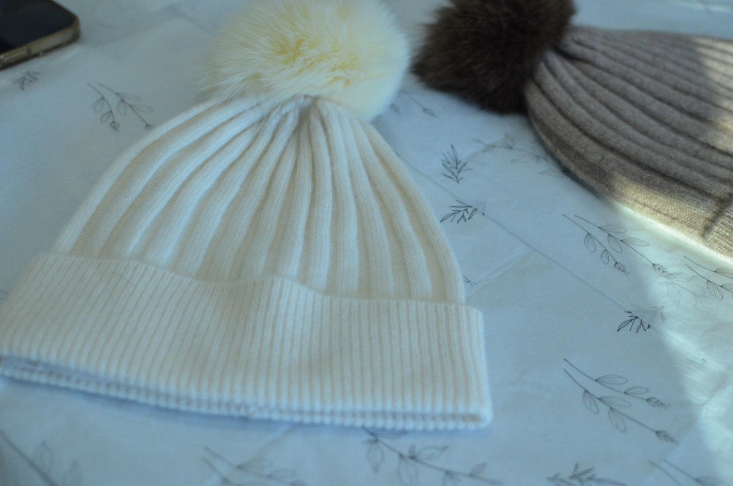 100% Cashmere Beanies with Faux Fur Pom-Poms