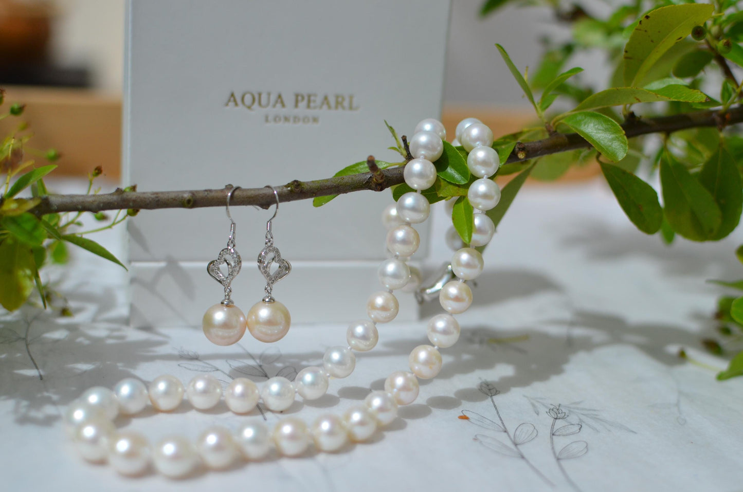 Freshwater Pearl Necklace and Sterling Silver Heart Earrings Set