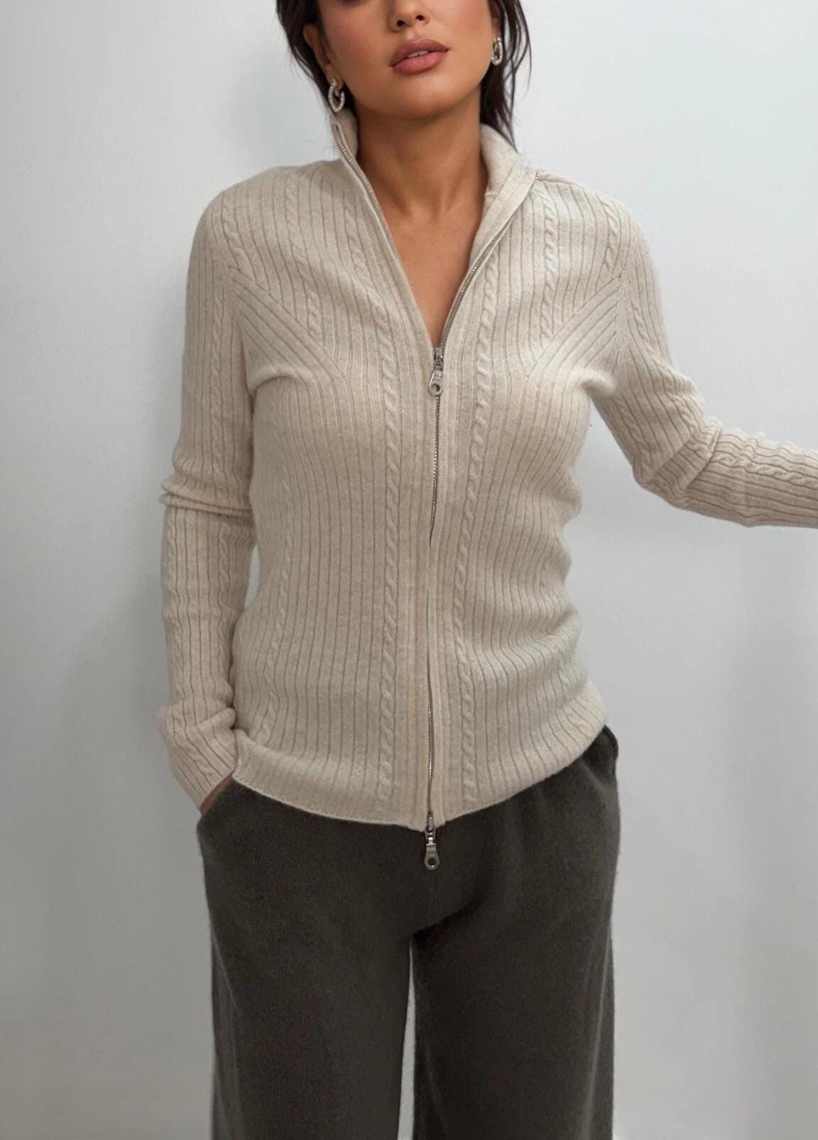 Women’s Pure Cashmere Cable Knit Zip Sweater – slim fit