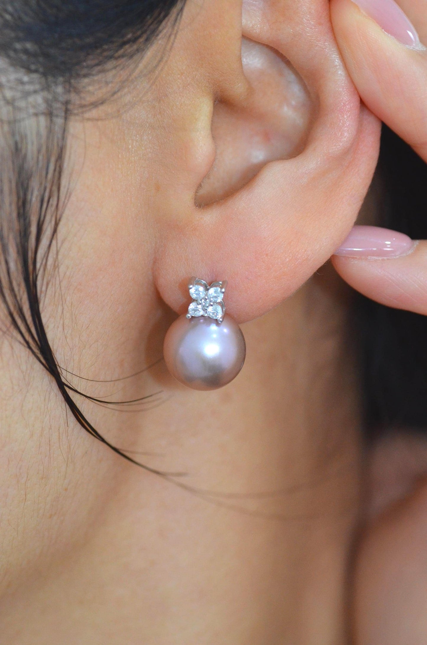Champagne Rose Pearl Jewelry Set with Four-Petal Floral CZ Cluster