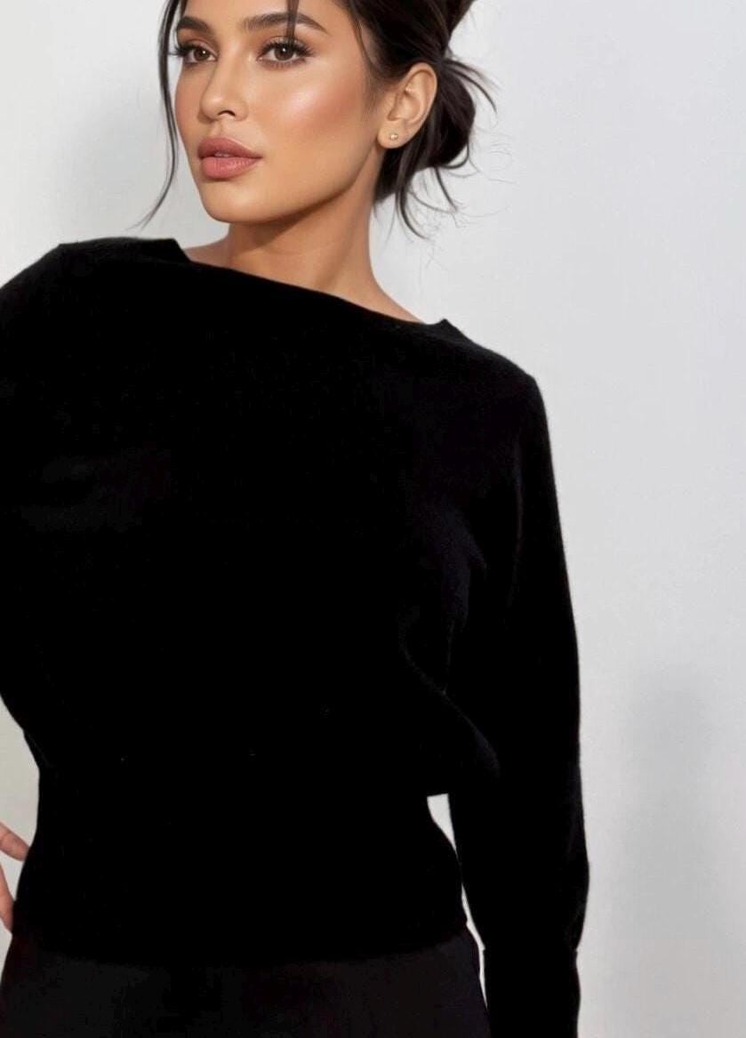 Cashmere Wool Blend Sweater – Off-the-Shoulder, Cinched Waist