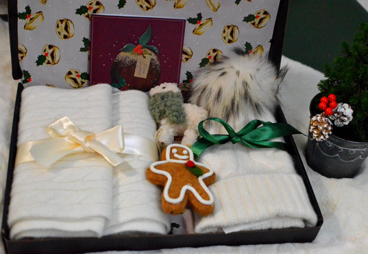 Christmas gift box Cashmere Scarf and Cable Knit Beanie  Faux Fur Pom-Pom