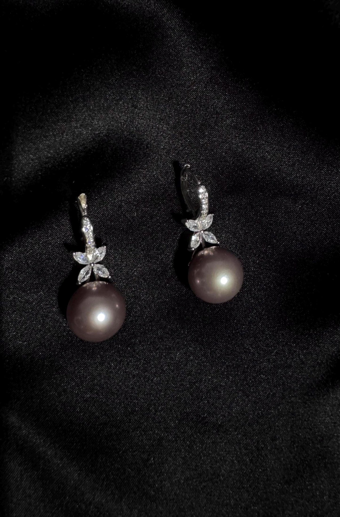 Lavender Pearl Drop Earrings Sterling Silver & CZ Floral Design
