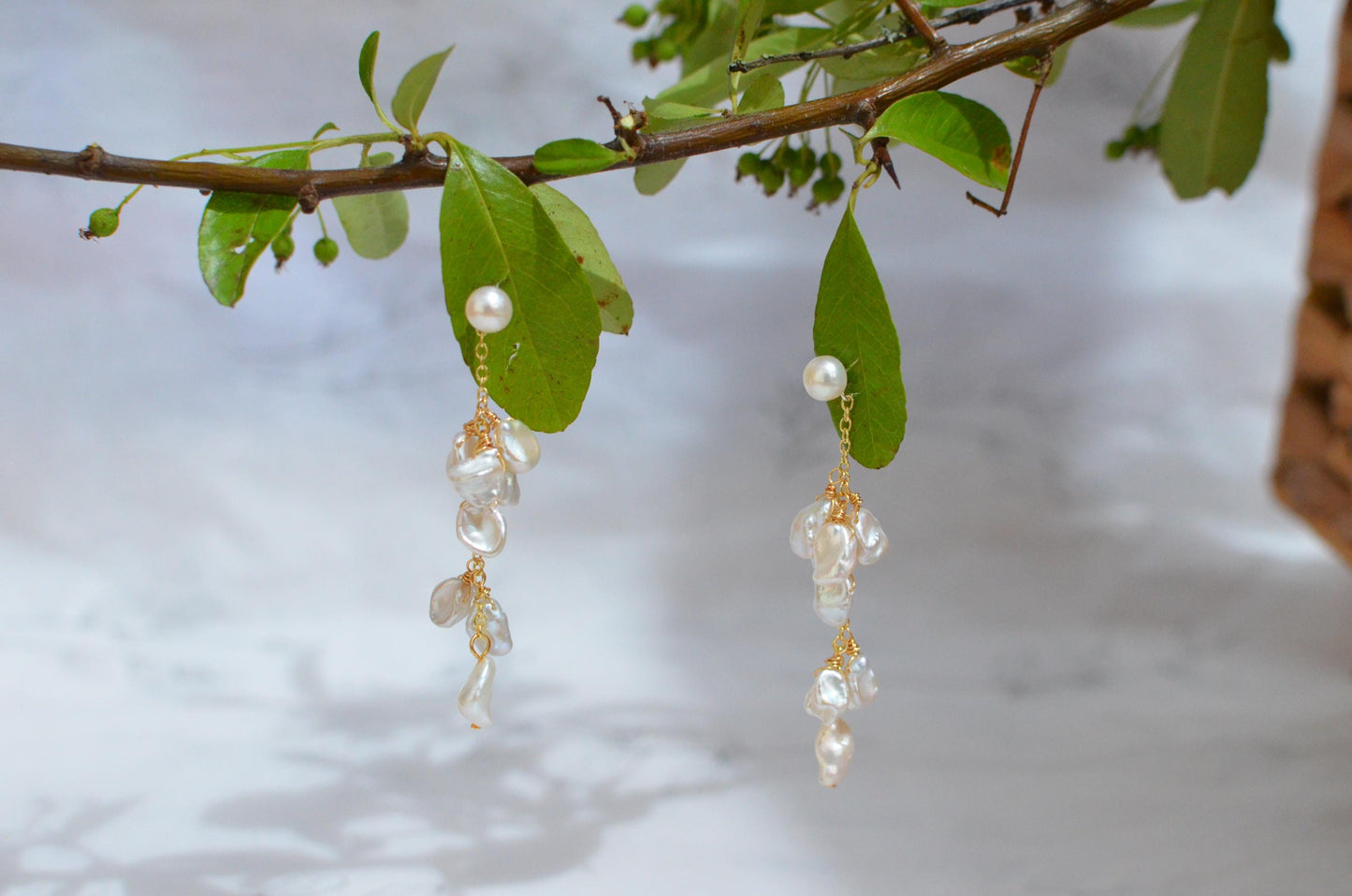 Baroque Pearl Drop Earrings with Gold Chain & Pearl Stud