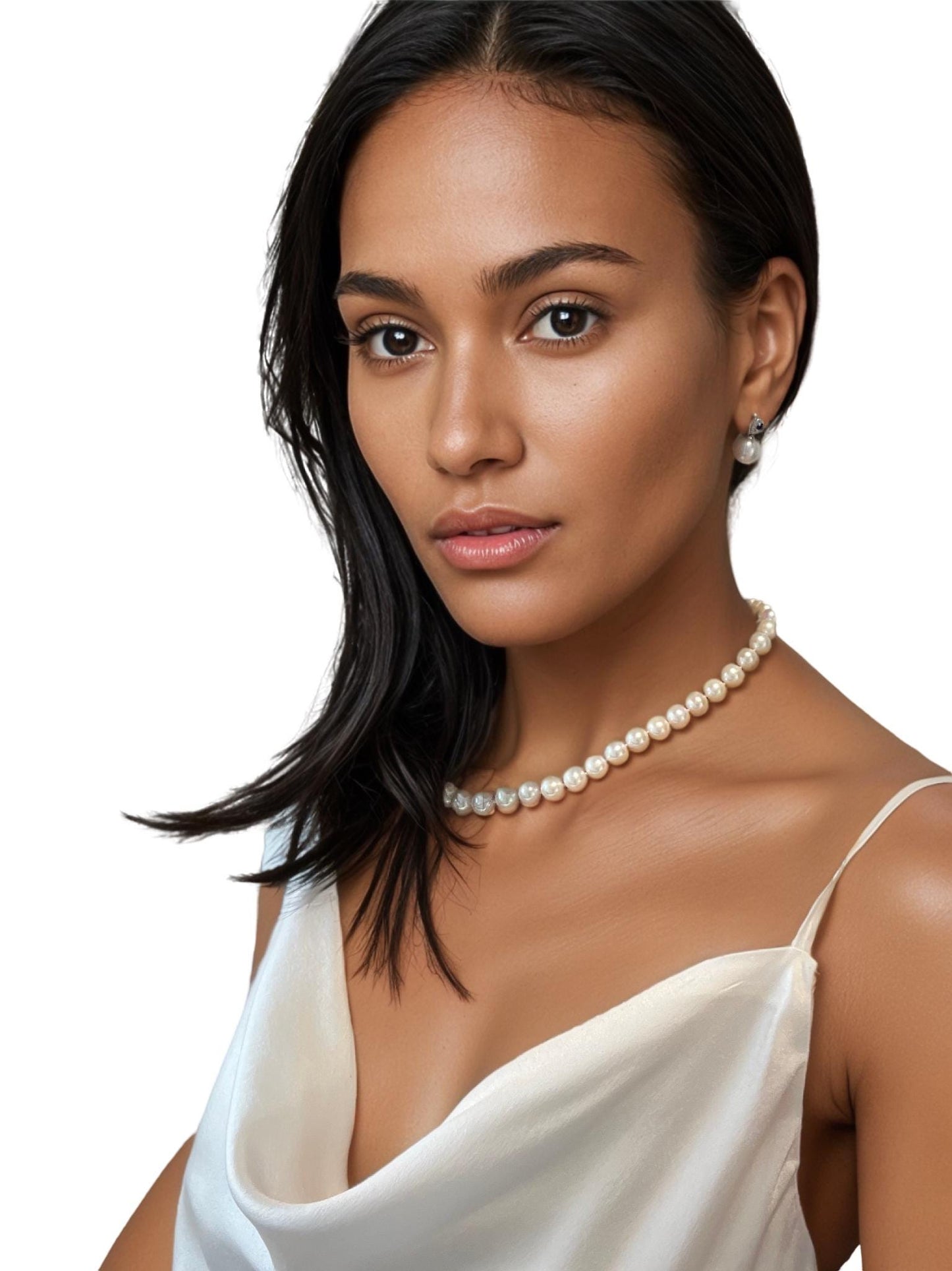 Freshwater Pearl Drop Earrings, CZ Halo, Sapphire Center, Sterling Silver