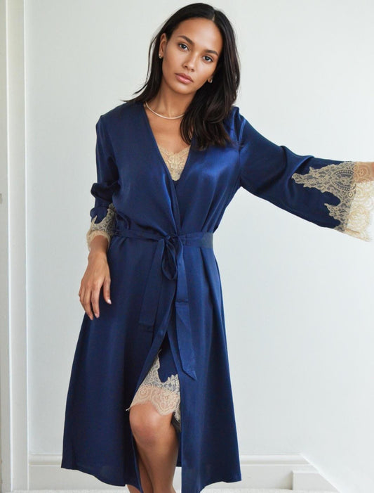 2Pcs Set – Lace Silk Cami Dress & Robe | 6A Grade Mulberry Silk, Royal blue robe with champgnane Sleeves, Lace trim V neck cami dress