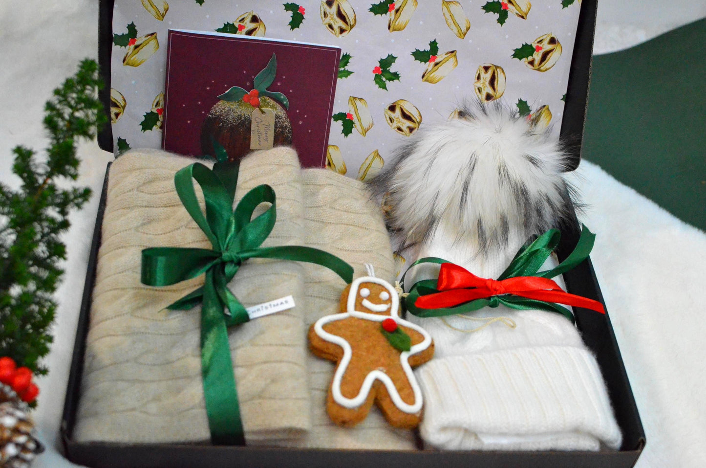 Christmas gift box Cashmere Scarf and Cable Knit Beanie  Faux Fur Pom-Pom