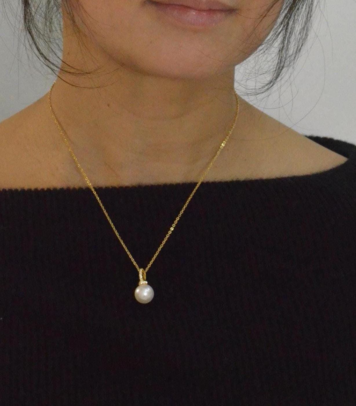 18K Gold Pearl Pendant: CZ Accent, Cultured Pearl Drop