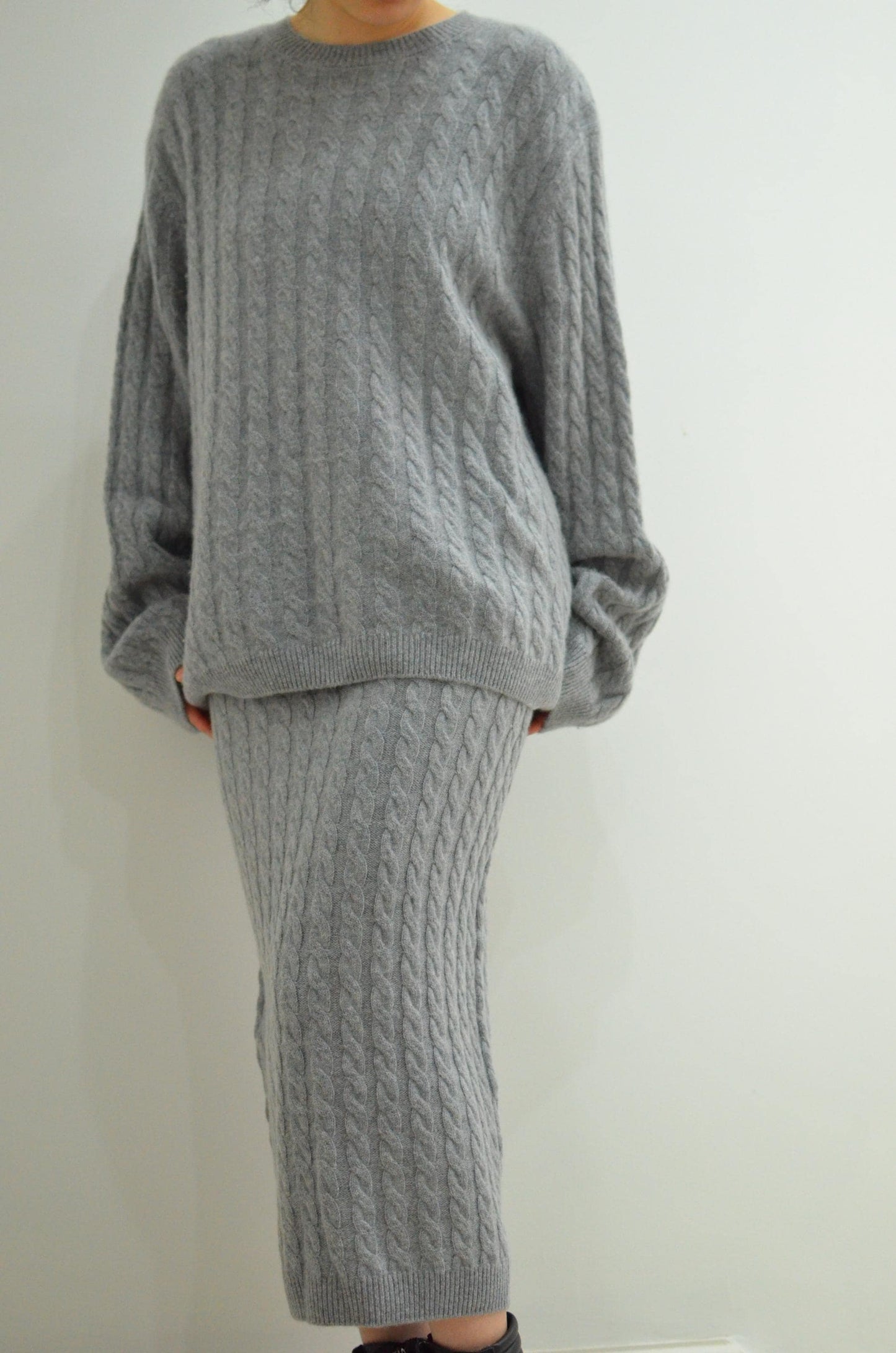 Cashmere Wool Blend Cable Knit Sweater and Pencil Skirt Set