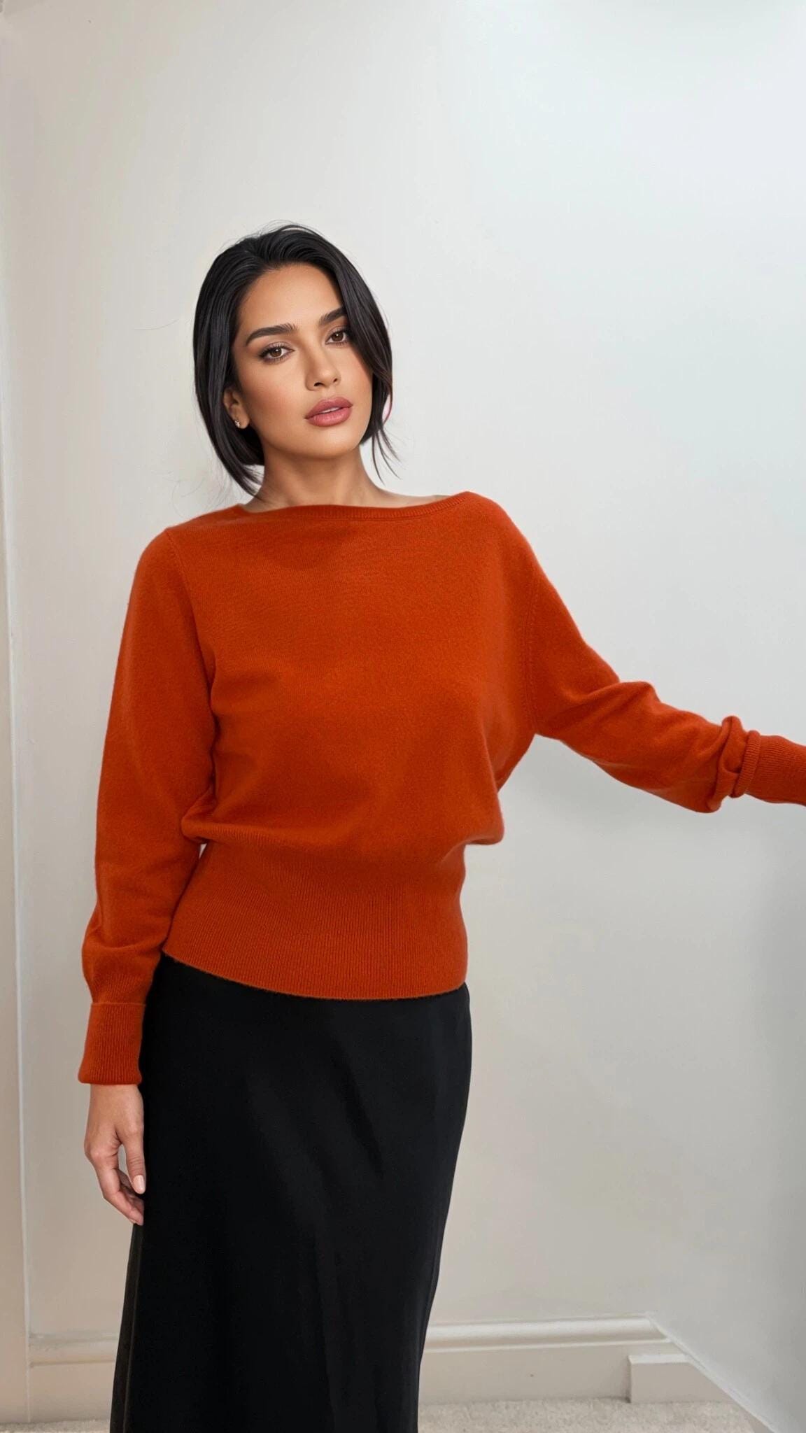 Cashmere Wool Blend Sweater – Off-the-Shoulder, Cinched Waist