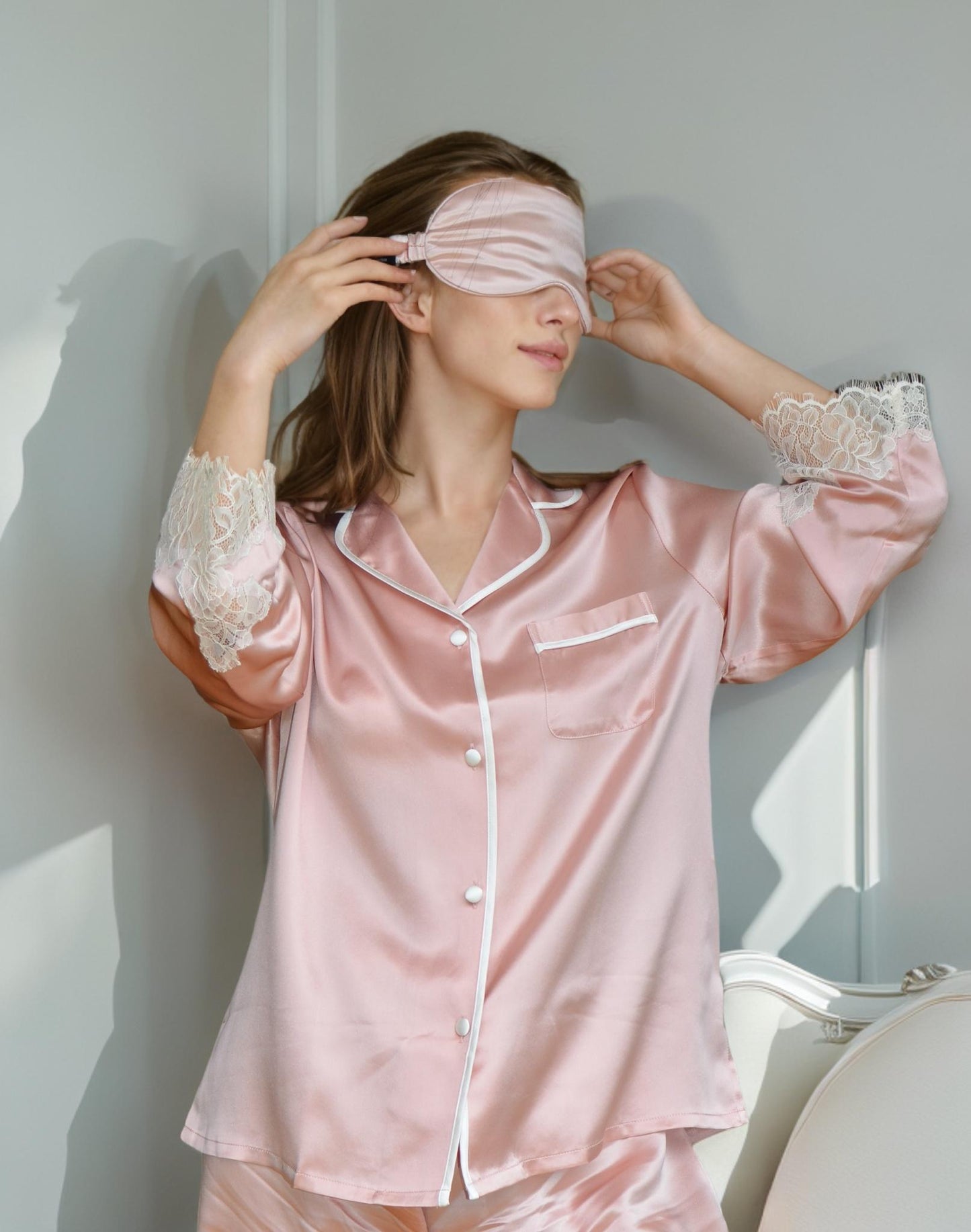 Mulberry Silk Pajama Set with Lace & Eye Mask: 19 Momme 6A Silk