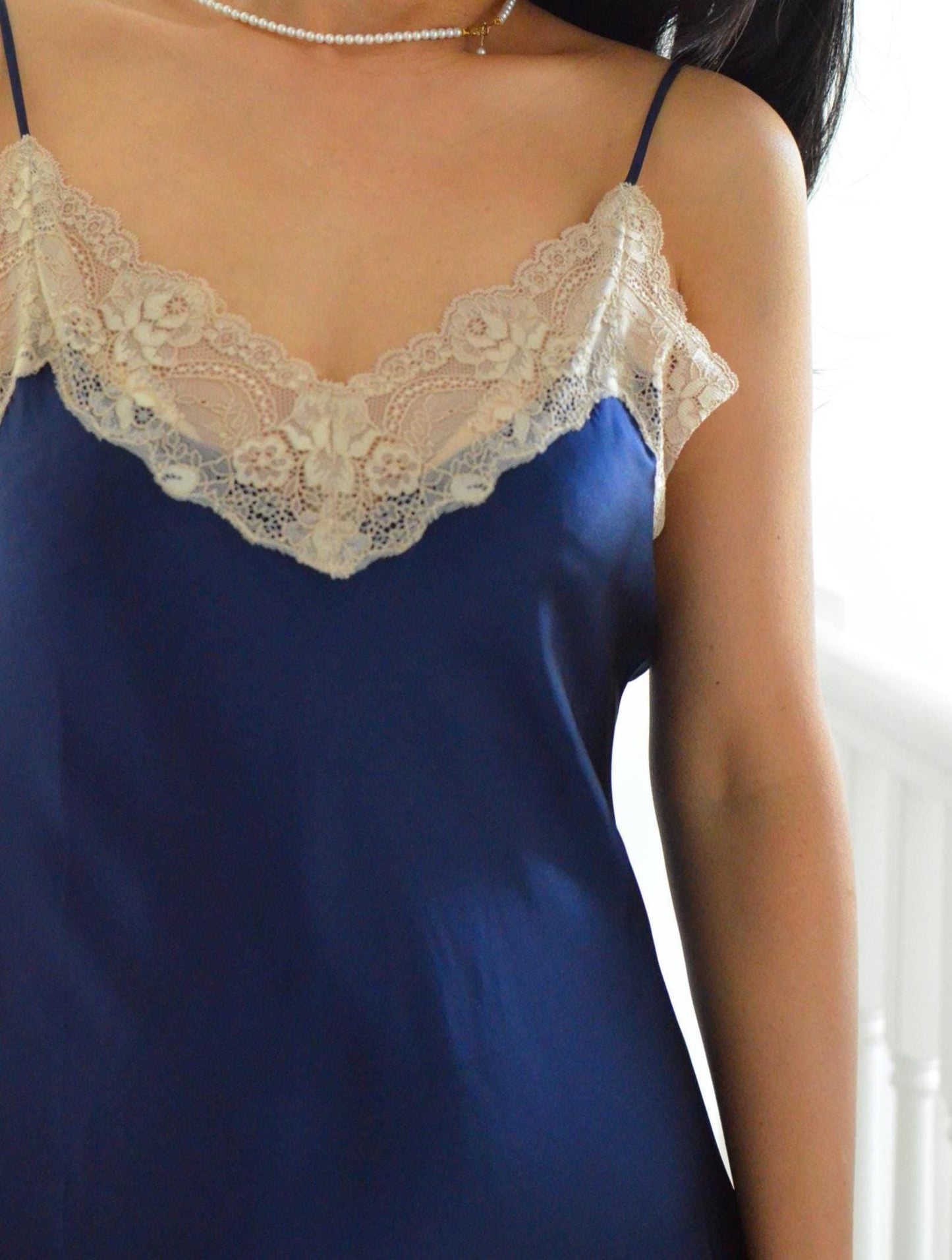 2Pcs Set – Lace Silk Cami Dress & Robe | 6A Grade Mulberry Silk, Royal blue robe with champgnane Sleeves, Lace trim V neck cami dress