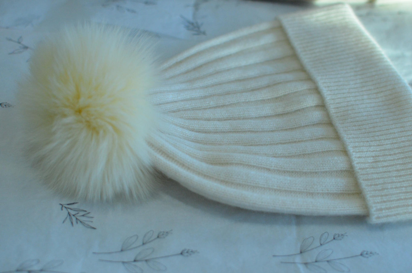 100% Cashmere Beanies with Faux Fur Pom-Poms