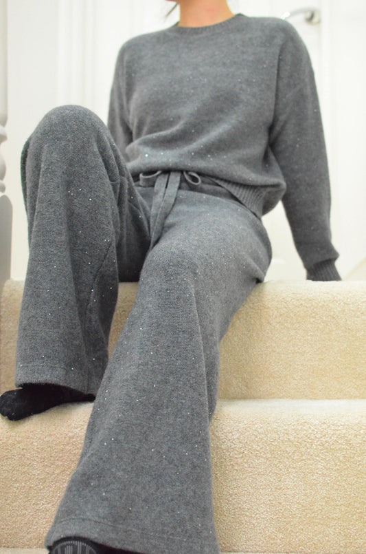 Cashmere Wool Blend Sweater Set: Sparkling Beads, Adjustable Trousers
